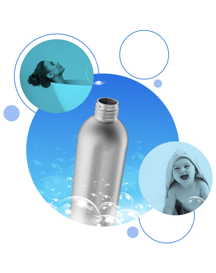 Image of a women in a bathtub, aluminum bottle, and a baby laughing